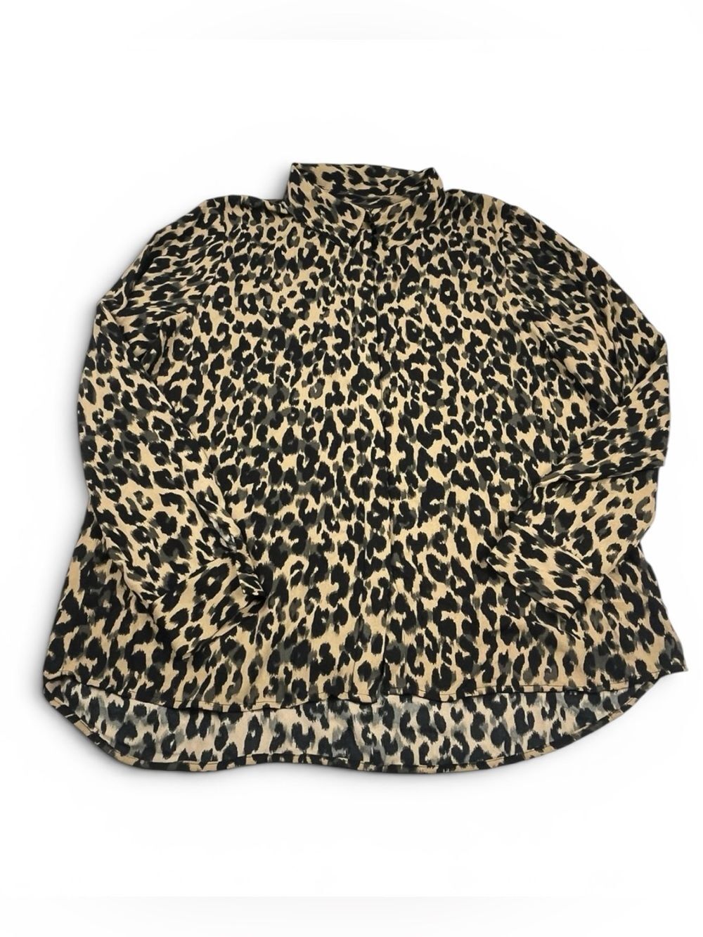 Halogen Long Sleeve Button Down Blouse Leopard Print Relaxed Fit Drape Shirt
